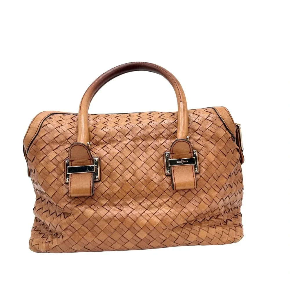 Cole Haan Woven Leather Doctor Satchel Bag Cognac Genevieve Y2K Boho Festival